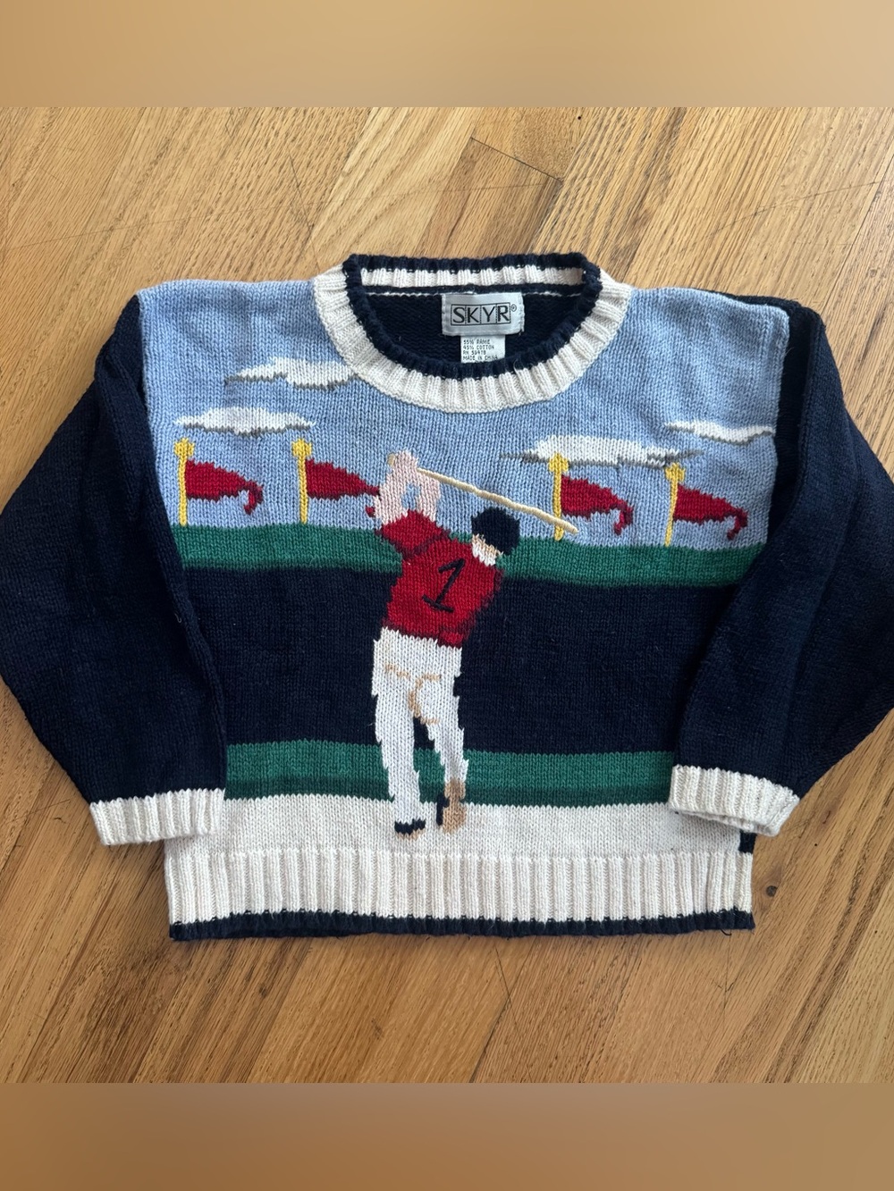Kids sz 4T Navy, Red & White baseball design knitted Crewneck Sweater